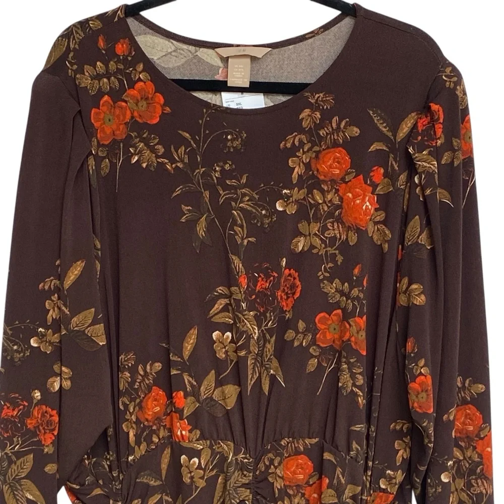 H&M Womens Long Sleeve Brown Red Floral Dress Size 3XL NWT Ruching Bodycon - Picture 5 of 13